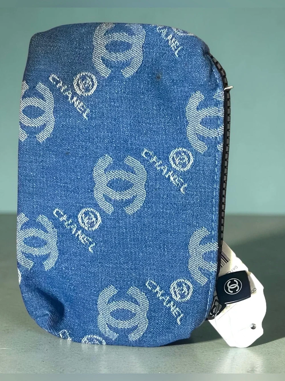 CHANEL Blue CC Logo Zip Pouch Cosmetic Bag NWT